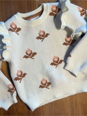 Cynthia Rowley Cream Floral Knit Sweater with Brown and Pink Accents